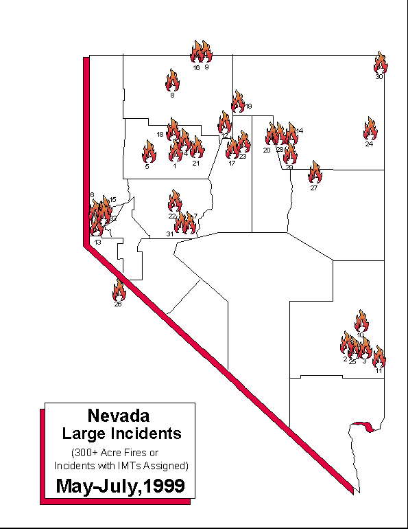 Map of Nevada's Pinon Forest Fires, 1999